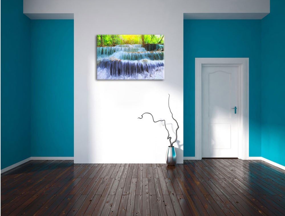Pixxprint Wasserfall im Regenwald / 100x70cm Leinwandbild bespannt auf Holzrahmen/Wandbild Kunstdruc