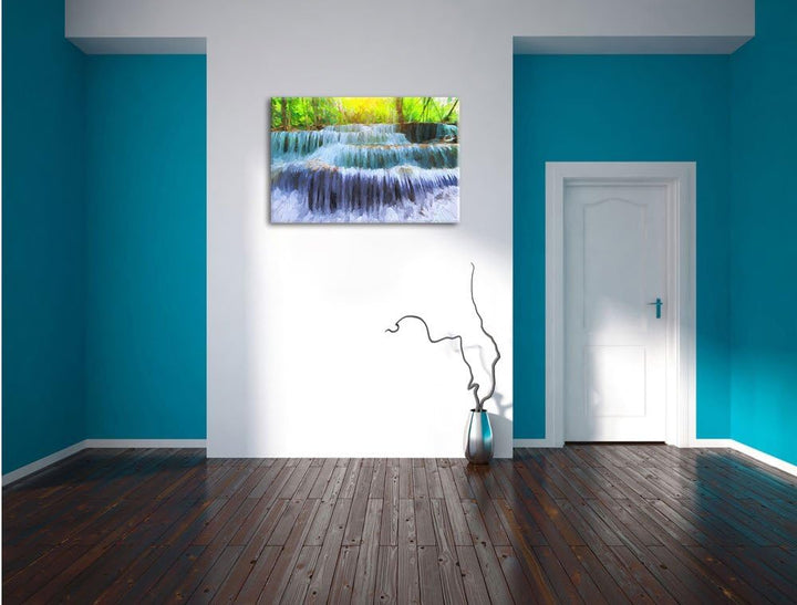Pixxprint Wasserfall im Regenwald / 100x70cm Leinwandbild bespannt auf Holzrahmen/Wandbild Kunstdruc