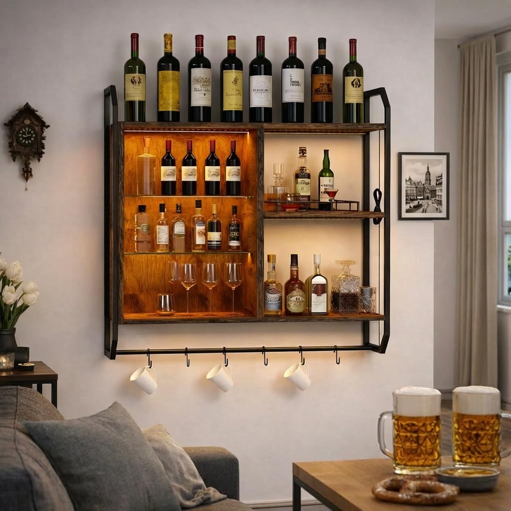 YOURLITE Weinregal Wand, Bar Regal Wand mit LED-Licht, Schwebende Regale, Wandregal mit Verstellbare