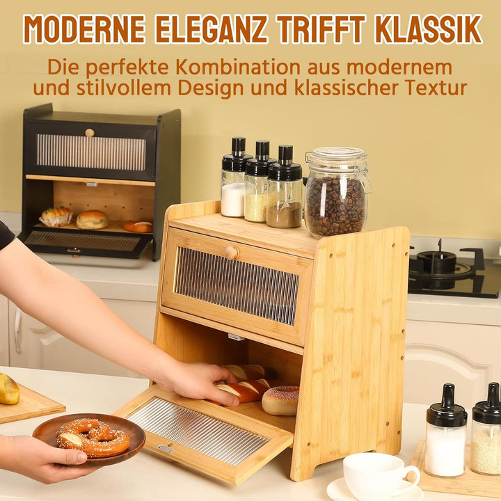 HAUSPROFI Brotkasten Bambus 2 Etagen, Brotkästen Holz mit Schneidebrett Belüftung Gewelltes Sichtbar