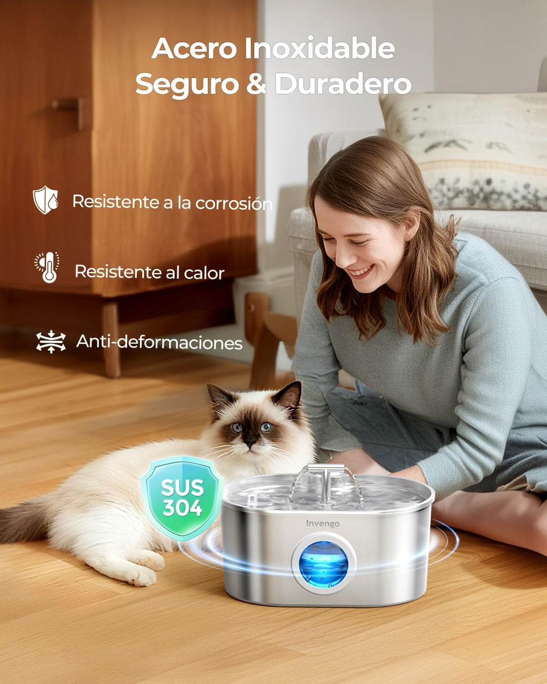 Katzenbrunnen Edelstahl und Ersatzfilter, 2.2L Trinkbrunnen für Katze mit 2 Trinkstellen und LED-Anz