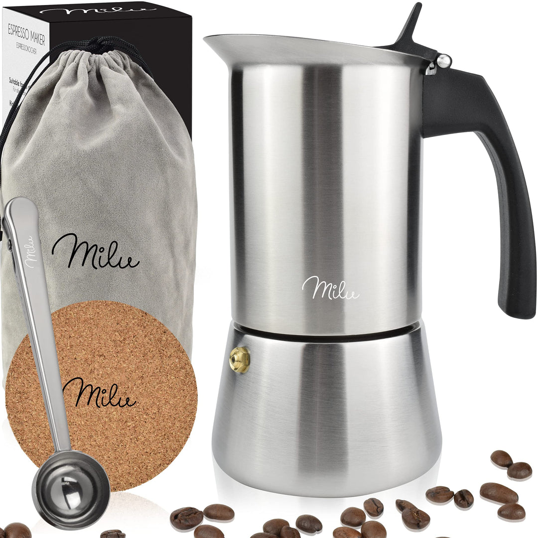 Milu Espressokocher Induktion geeignet | 2, 4, 6, 9 Tassen | Edelstahl Mokkakanne, Espressokanne, Es