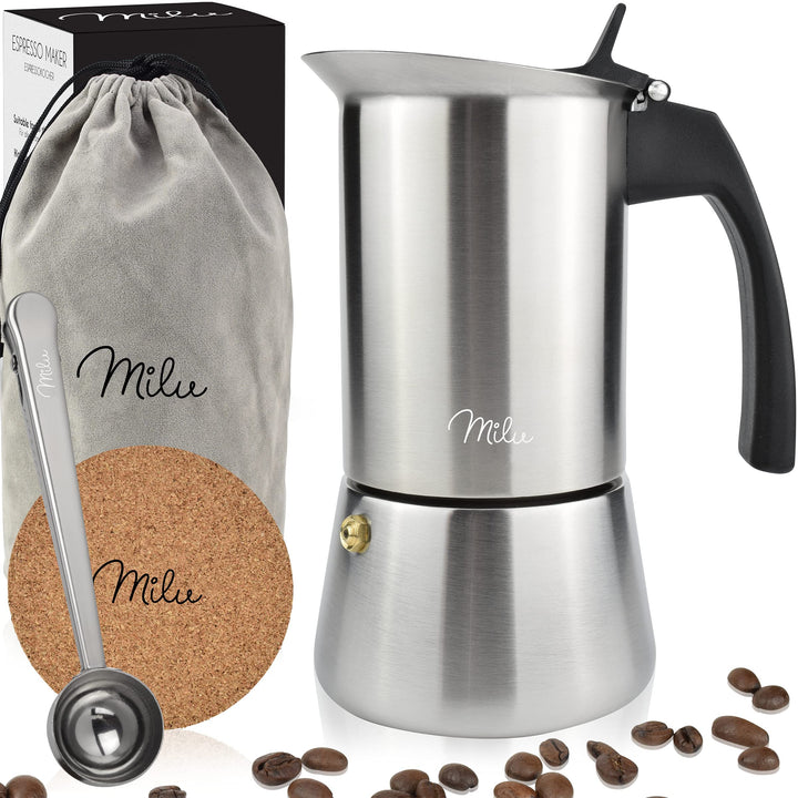 Milu Espressokocher Induktion geeignet | 2, 4, 6, 9 Tassen | Edelstahl Mokkakanne, Espressokanne, Es
