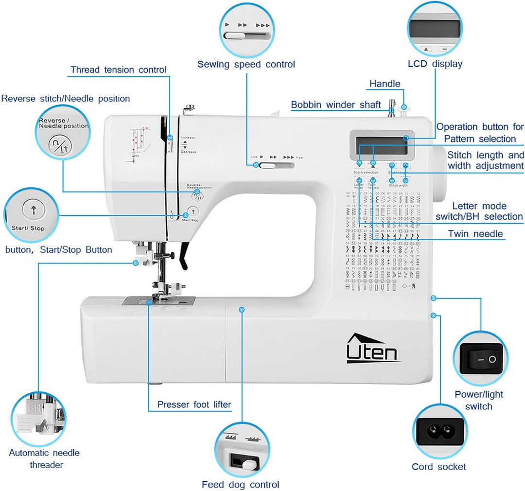 Uten Nähmaschine Elektronisch Freiarm mit 200 Stiche, Für Profi Anfänger DIY Begeister Sewing Machin