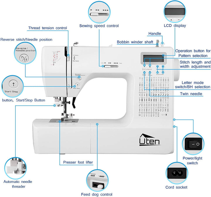 Uten Nähmaschine Elektronisch Freiarm mit 200 Stiche, Für Profi Anfänger DIY Begeister Sewing Machin