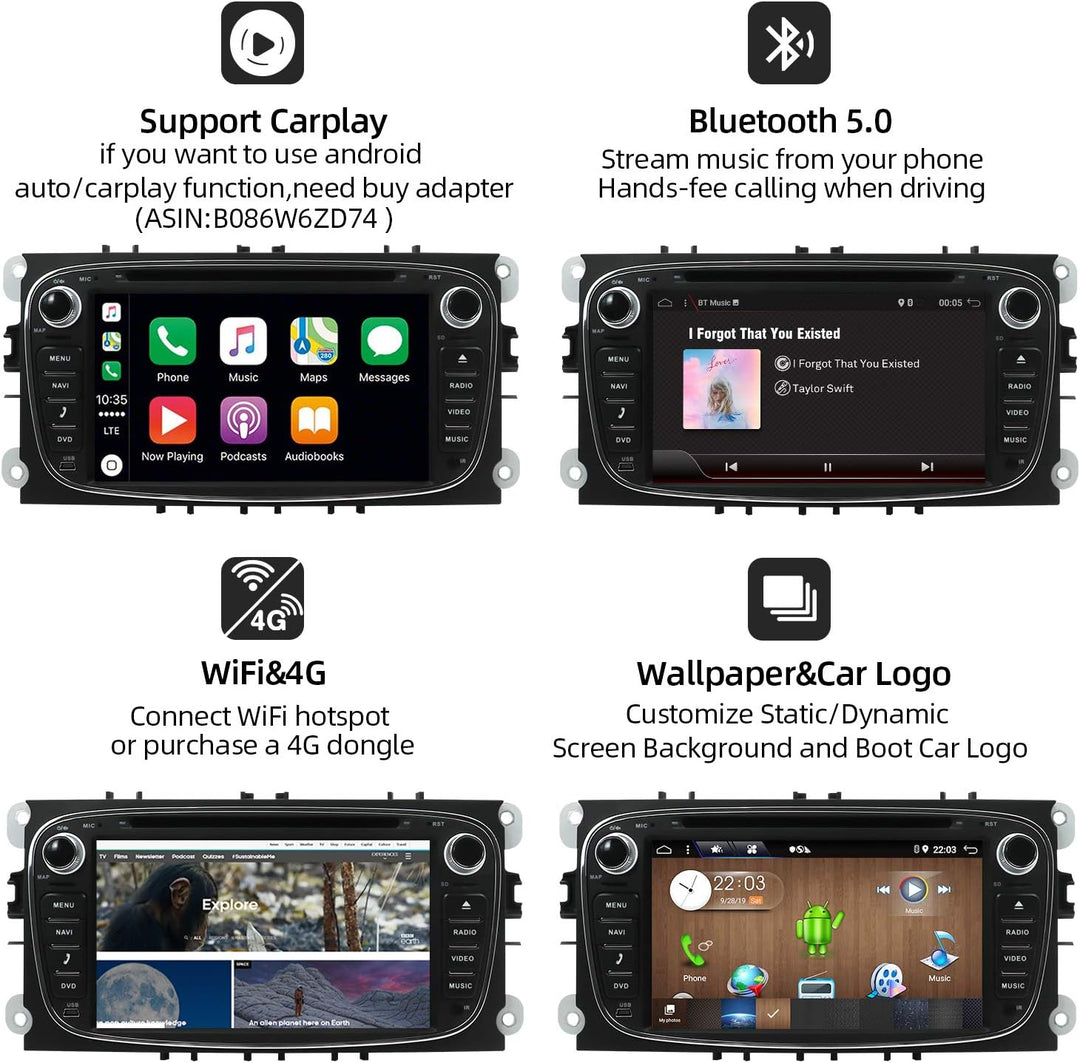 SXAUTO Autoradio Android 10 Passt für Ford Mondeo/Focus/Fusion/Transit/Fiesta/Galaxy - Kamera Canbus