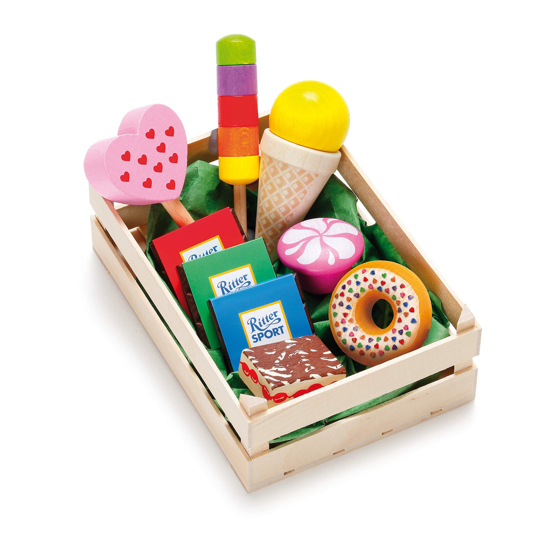 Erzi 28135 Sortiment Süsswaren aus Holz, Kaufladenartikel für Kinder, Rollenspiele