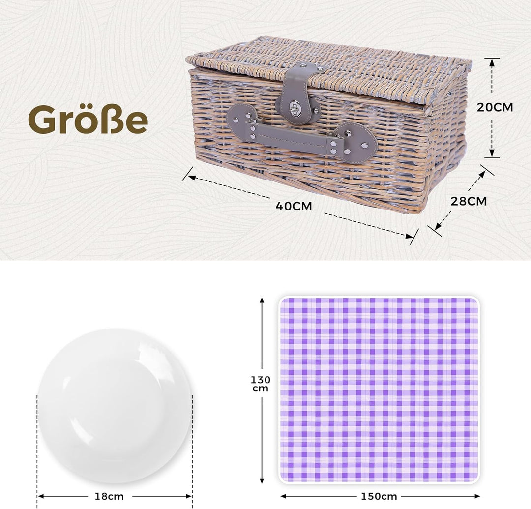 HYBDAMAI Picknickkorb Set für 4 Person mit Kühlfach und wasserdichte Picknickdecke, Abnehmbarer Riem