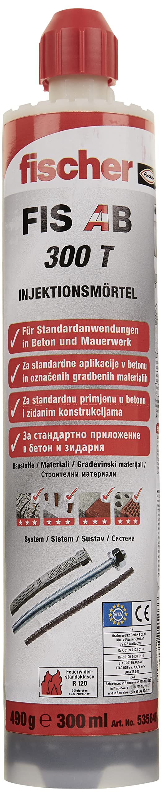 FISCHER FIS AB 300 T Injektionsmörtel 300 ml mit Zulassung für Beton und Mauer, 1 Stück,535646