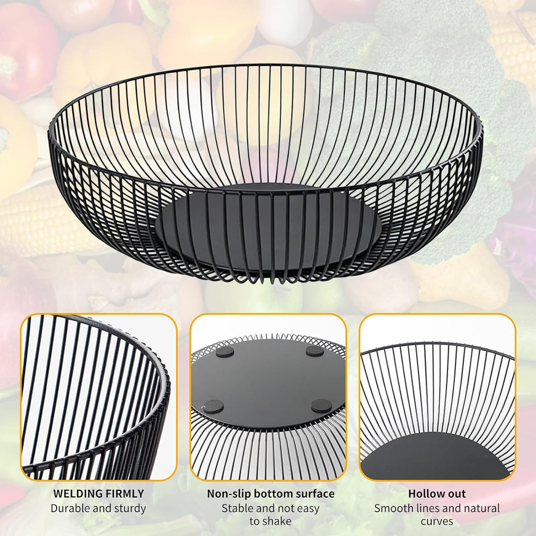 2 Stück Obstschale Metall Schwarz 27.5x8 cm, Seicht Obstkorb aus Metall Abgerundetes Design Durchbro