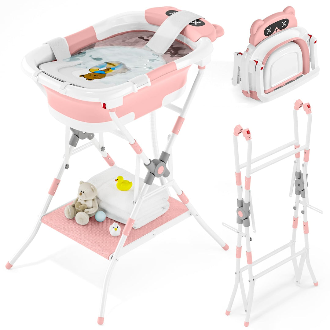 COOSEYA Baby Badewanne mit Gestell für 0-18 Monate, Faltbare Babybadewanne mit Stützpolster und Temp