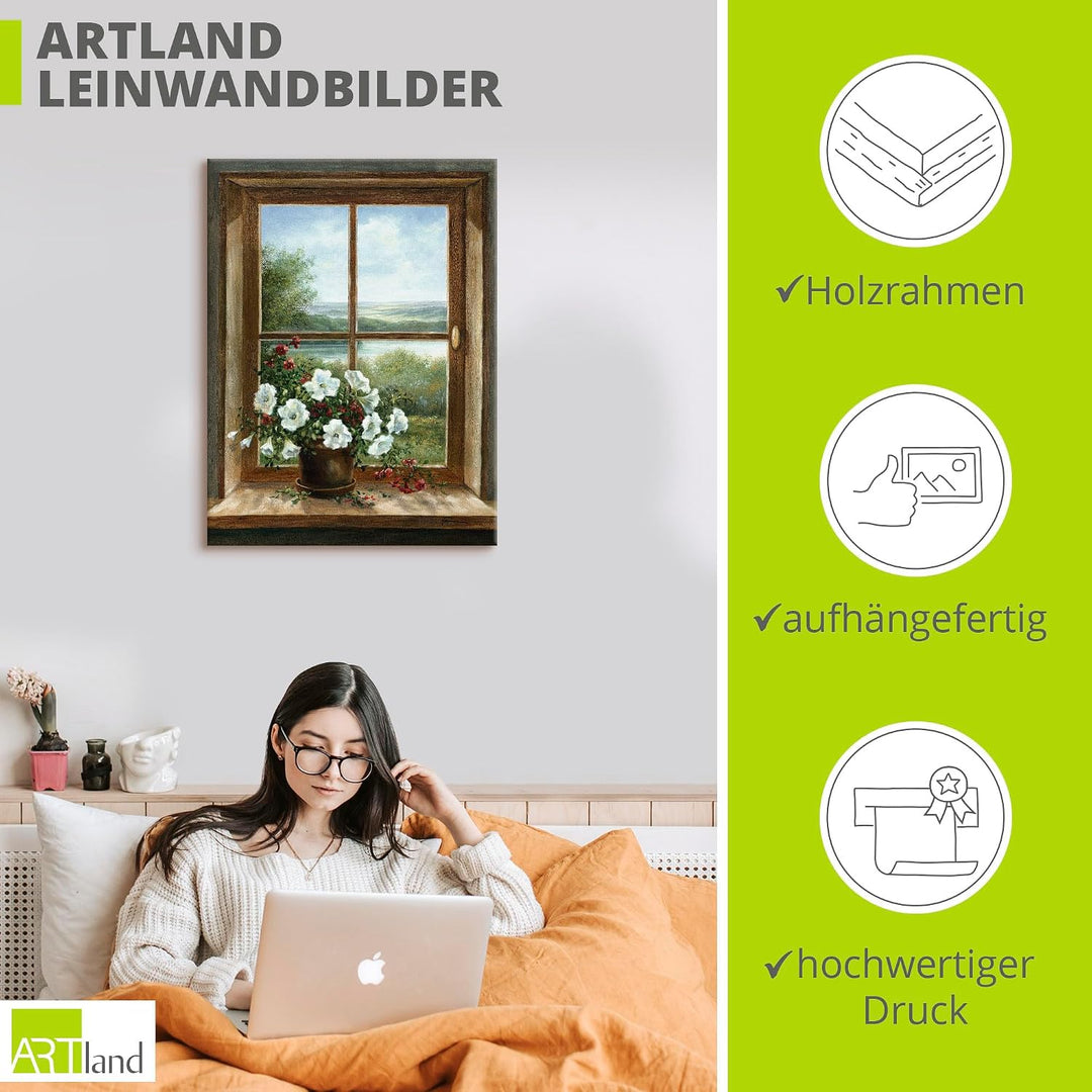 Artland Leinwandbild Wandbild Bild auf Leinwand 60x80 cm Wanddeko Fensterblick Blumen Fenster Landsc