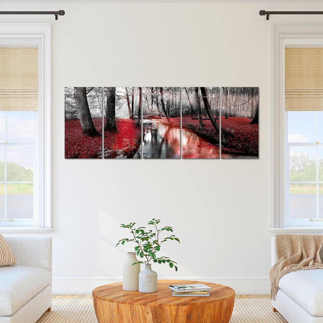 Runa Art Wandbild XXL Wald Landschaft Schlafzimmer Wohnzimmer 200 x 80 cm Rot 5 Teilig - Made in Ger