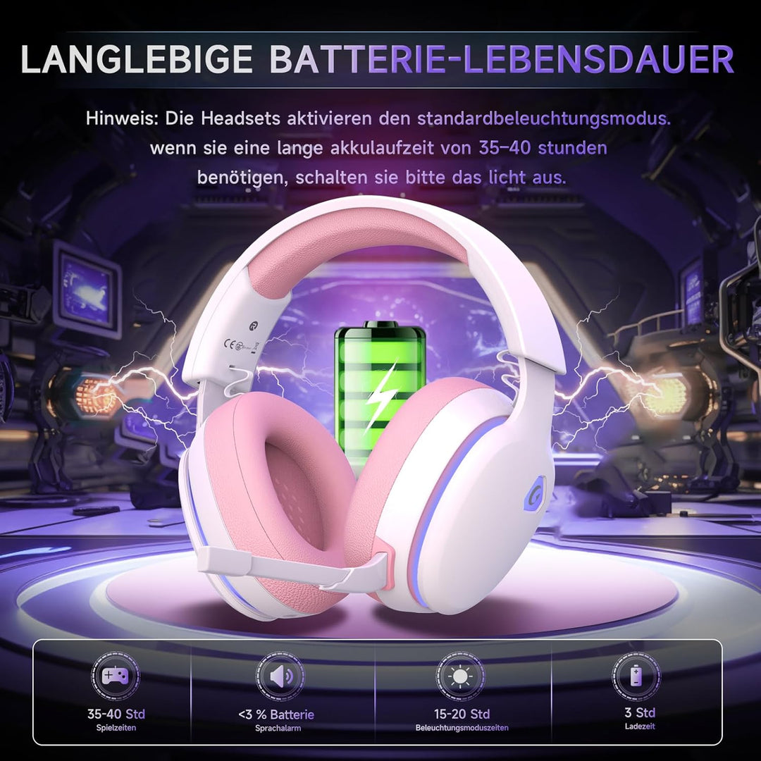 Gvyugke Gaming Headset Wireless, Pink Gaming Kopfhörer Kabellos mit Abnehmbares 3D-Stereomikrofon, B