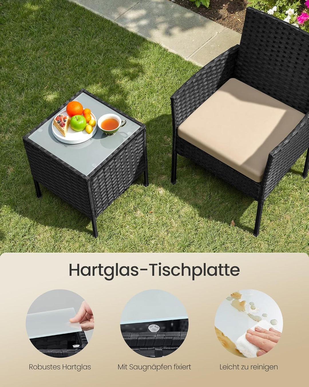 SONGMICS Balkonmöbel, Gartenmöbel-Set, aus PE-Polyrattan, Lounge-Set, Tisch und 2 Stühle, Terrassenm