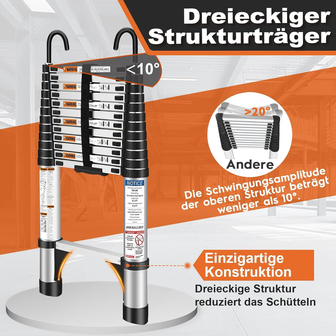 3,8mTeleskopleiter mit Haken, HBTower Leichte Ausziehleiter, Leiter Ausziehbar, klappbare Leiter für