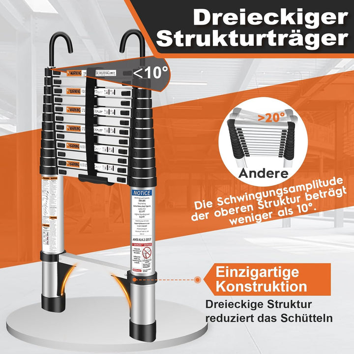 3,8mTeleskopleiter mit Haken, HBTower Leichte Ausziehleiter, Leiter Ausziehbar, klappbare Leiter für