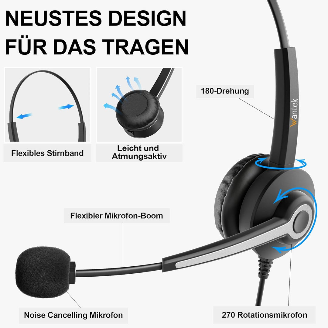 Wantek Headsets Mono mit Noise Cancelling Mikrofon,USB/Type-c/3.5mm Jack 3-in-1 USB Headset,EIN-Ohr