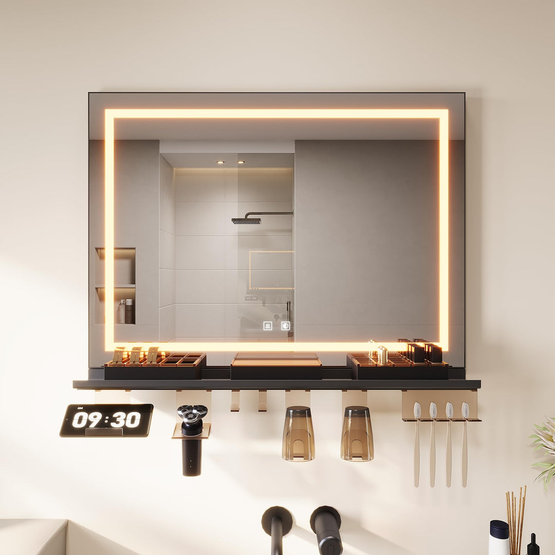 SONNI Badspiegel mit Beleuchtung 80x60cm + 80cm Ablage, Touch Badezimmerspiegel 3 Lichtfarben, Anti-