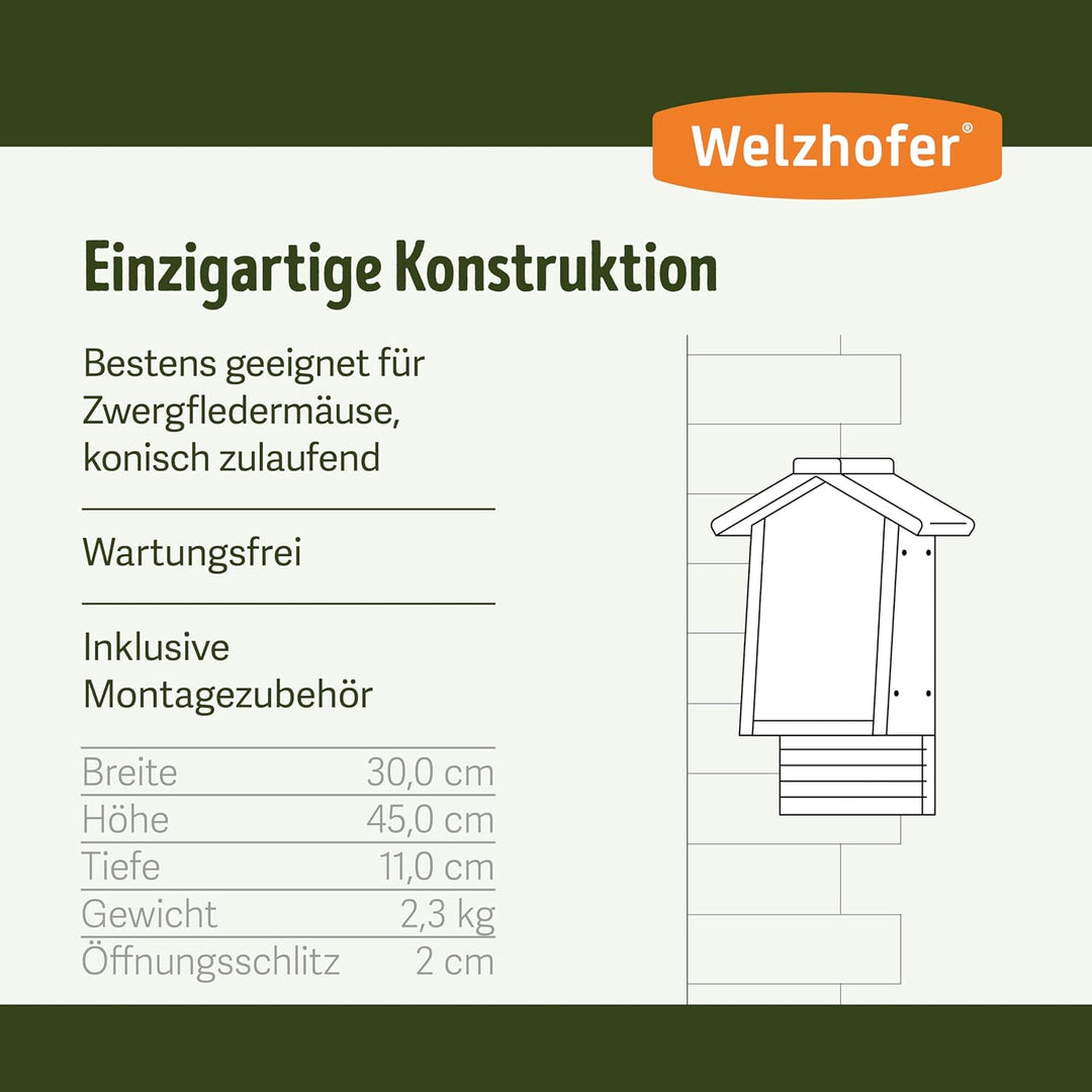 Welzhofer Fledermaus-Flachkasten Lexi, Fledermaushaus aus langlebigem Kiefernholz, geeignet für Zwer