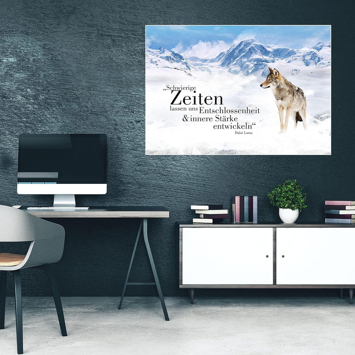 wandmotiv24 Poster als Wanddeko, Grösse 100x70cm, Wolf in den Bergen, Entschlossenheit, Wölfe, Tiere