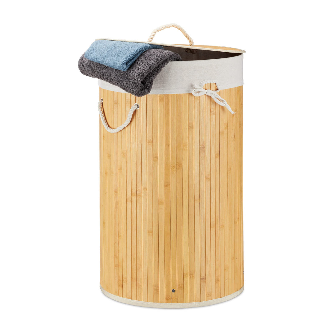 Relaxdays Wäschekorb Bambus, Faltbare Wäschetonne mit Deckel, Volumen 70l, Wäschesack Baumwolle, run
