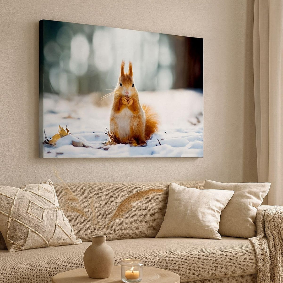 Bilder auf Leinwand 100x70cm Leinwandbild Eichhörnchen Winter Schnee Essen Gross Wanddeko Bild Schla