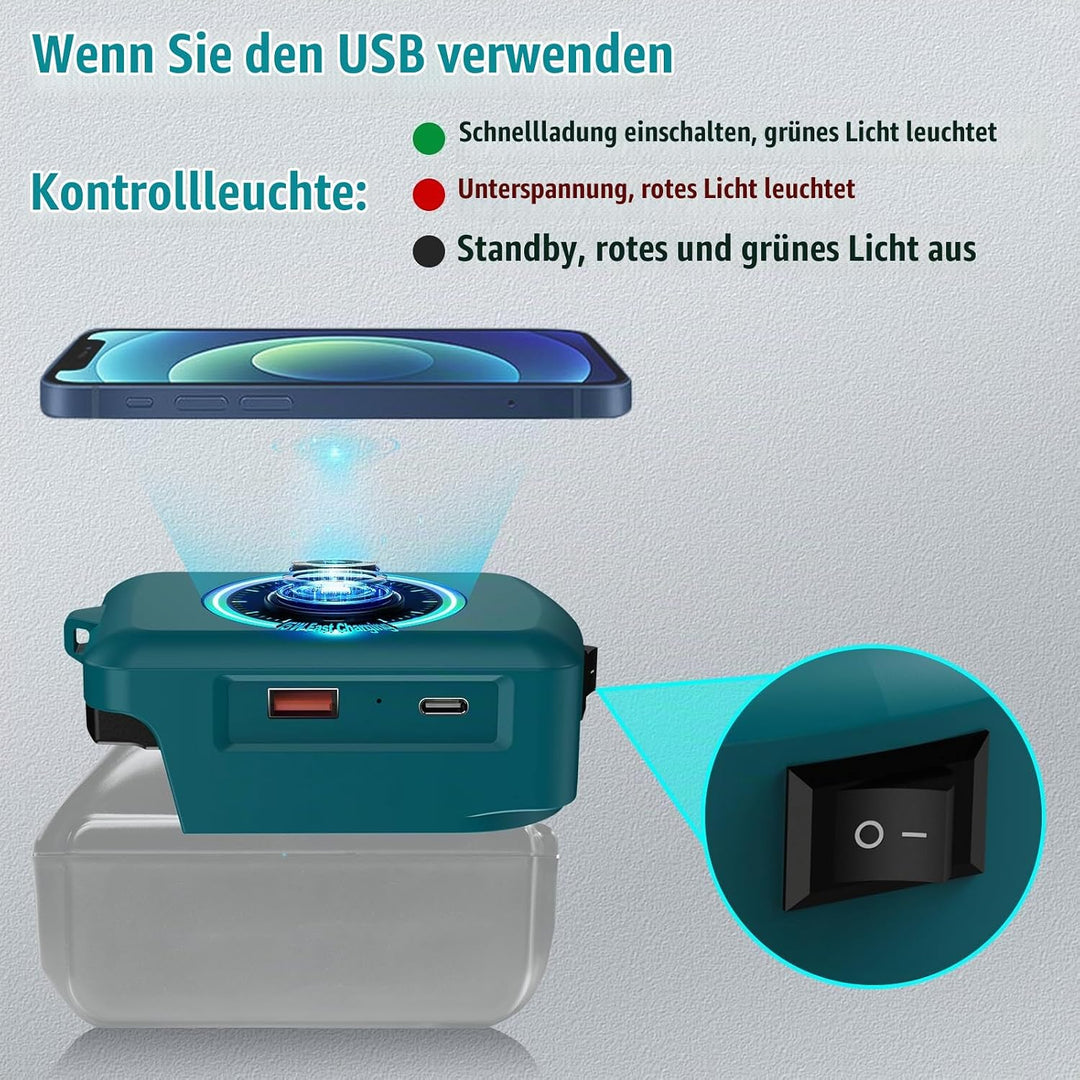 Wireless für Makita Akku USB Ladegerät Adapter,Kabelloses Handy Ladegerät für Makita 18V Akku,Typ-C