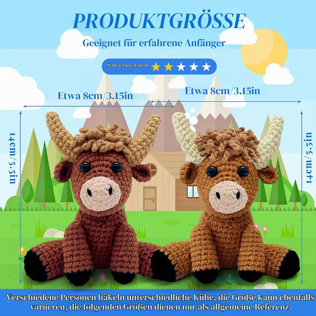 DEMIUKO Häkelset für Anfänger Häkeln Tiere 2 Stück Hochlandrind Strickset für Erwachsene Kinder Stri