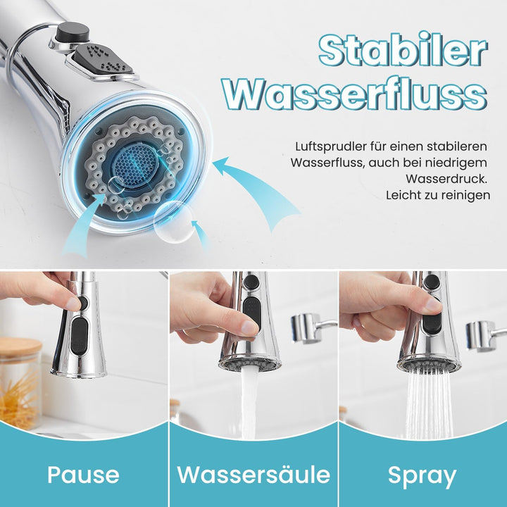 Niederdruck Armatur Küche,360° Drehbare Küchenarmatur,Wasserhahn mit 3 Anschluessen für Boiler,Hoher