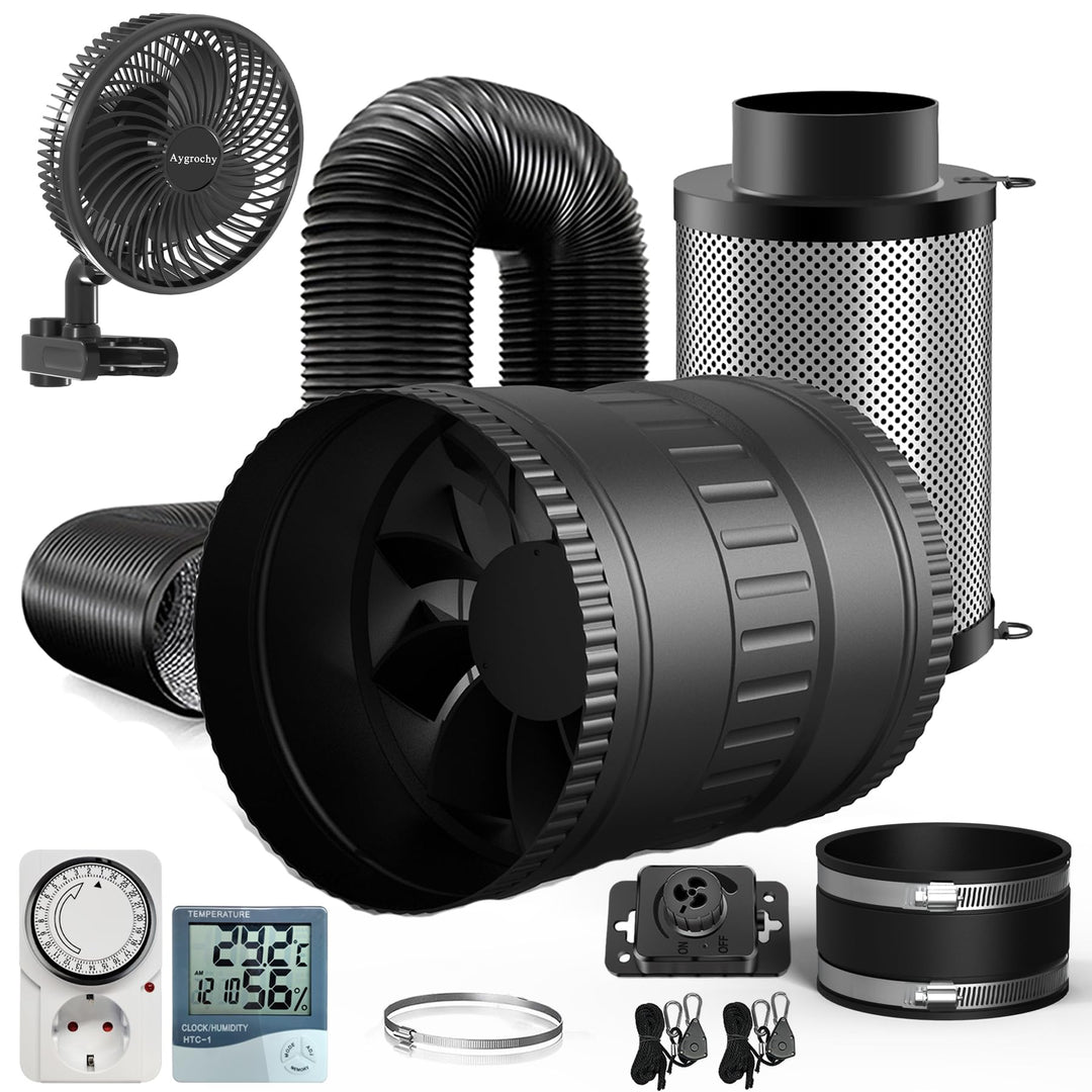 150mm Abluftset,Inline Rohrventilator,Lüftungsset mit Clip-On-Ventilator, Thermo-Hygrometer Aktivkoh