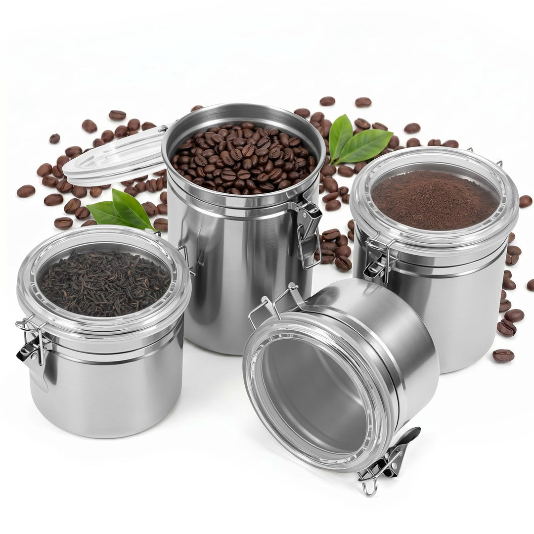 4 Stück Kaffeedose Luftdicht mit Sichtfenster und Silikondichtung | 100% Luftdicht, Premium Edelstah