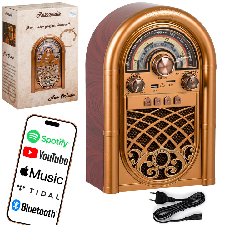 Retropolis New Orleans – Retro Radio mit Bluetooth 5.0, Tragbares Radio FM/AM/SW, 1200mAh Akku, USB/