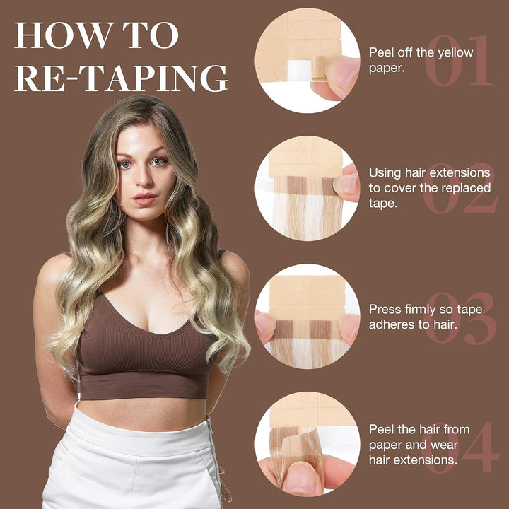 GOO GOO Tape in Exitensions Echthaar, Ombre Ash Brown bis Platinum Blonde 20pcs 50g 45cm, Remy Tape