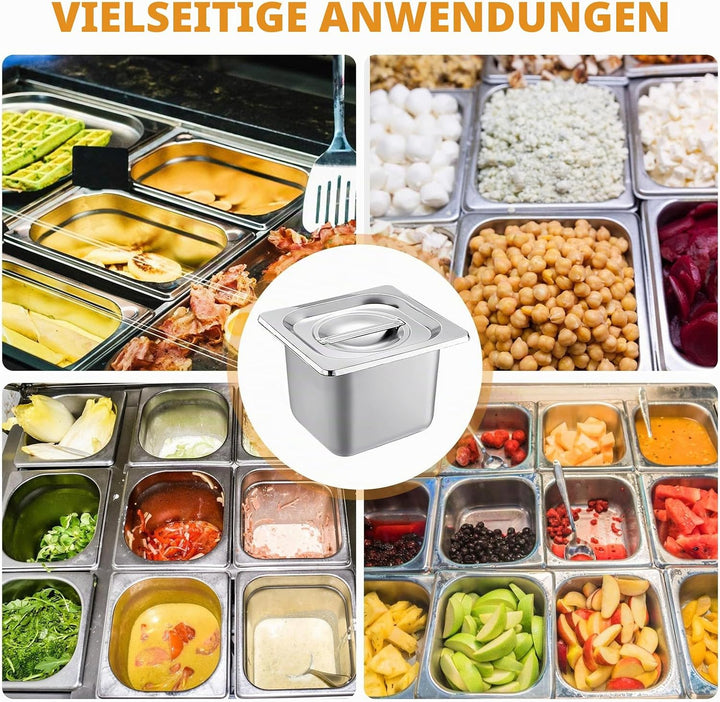Set 3-teilig GN Behälter 1/6 Edelstahl mit Deckel – Höhe 10cm – Gastro Behälter für Lebensmittelaufb