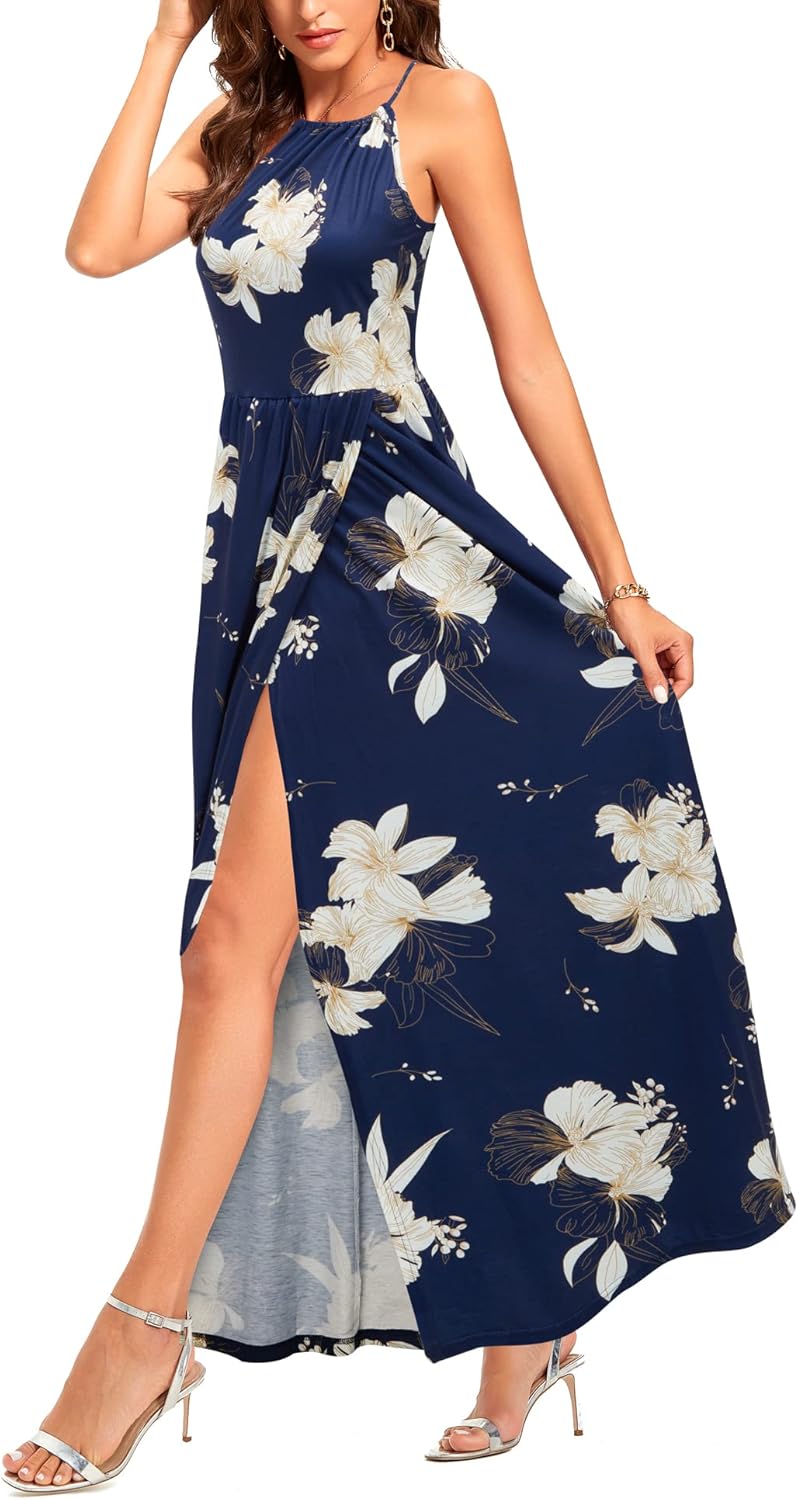 KILIG Damen Sommerkleid Lang Elegant Sommer Neckholder Kleid Hochzeitsgast Maxikleid Partykleid Schl
