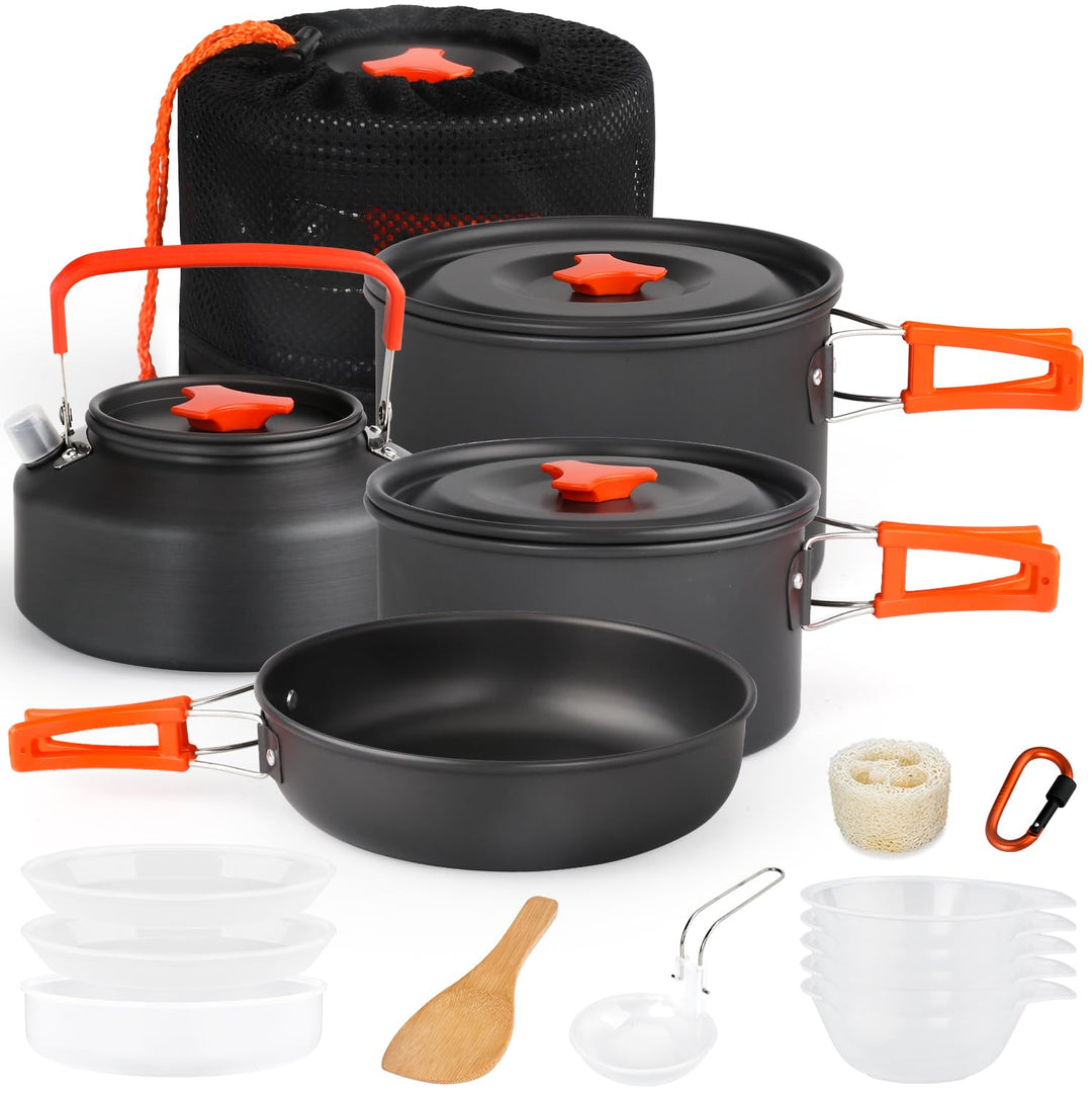 Gutsdoor Camping Geschirr Set 16 Teilig, Outdoor Kochgeschirr Set für 2-4 Personen, mit 2 Topfe, Koc