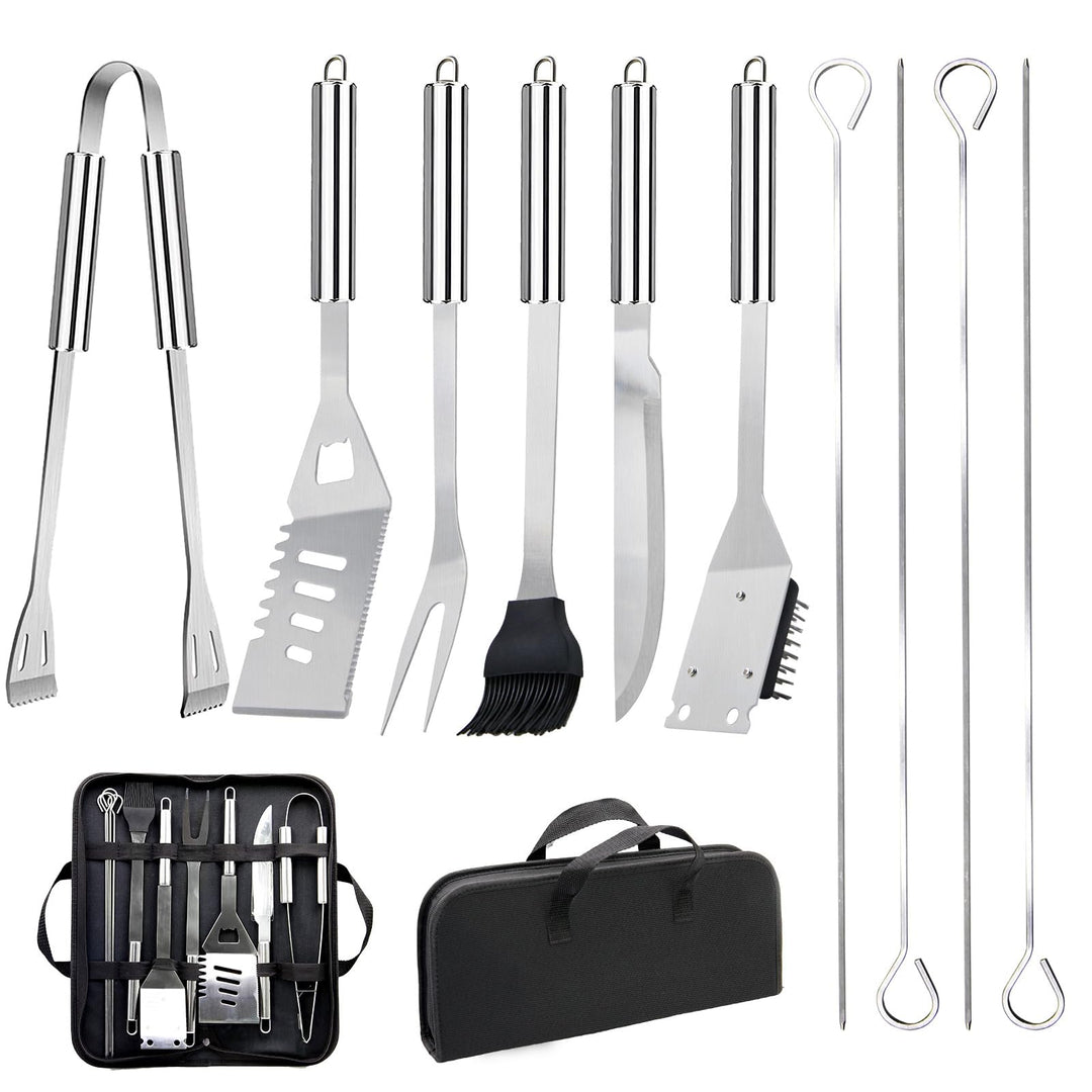 Grillbesteck-Set 11-TLG. 34 cm, Edelstahl, Grillzubehör mit Grillzange, Grillgabel, Tragbare Grillko