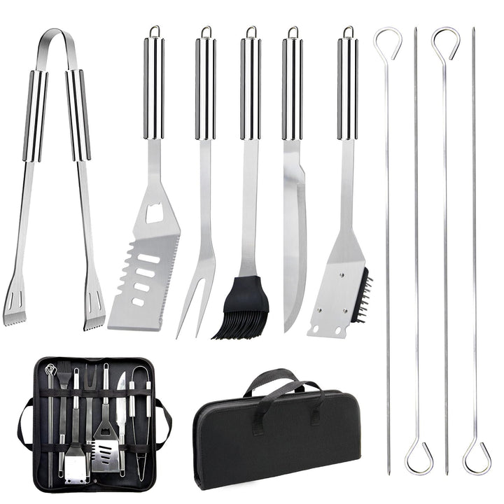 Grillbesteck-Set 11-TLG. 34 cm, Edelstahl, Grillzubehör mit Grillzange, Grillgabel, Tragbare Grillko