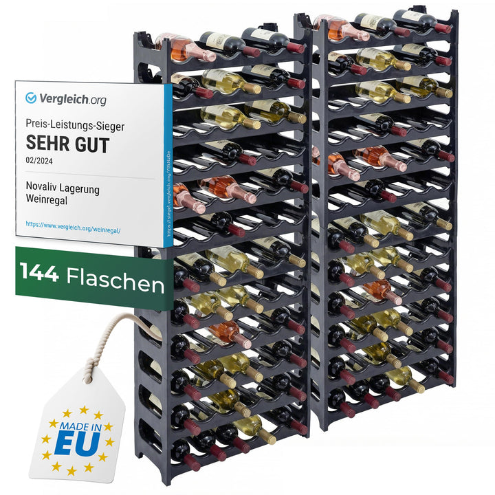 Novaliv Flaschenregal für 144 Flaschen | Weinregal grau | Regal aus stabilem Kunststoff, stapelbar (