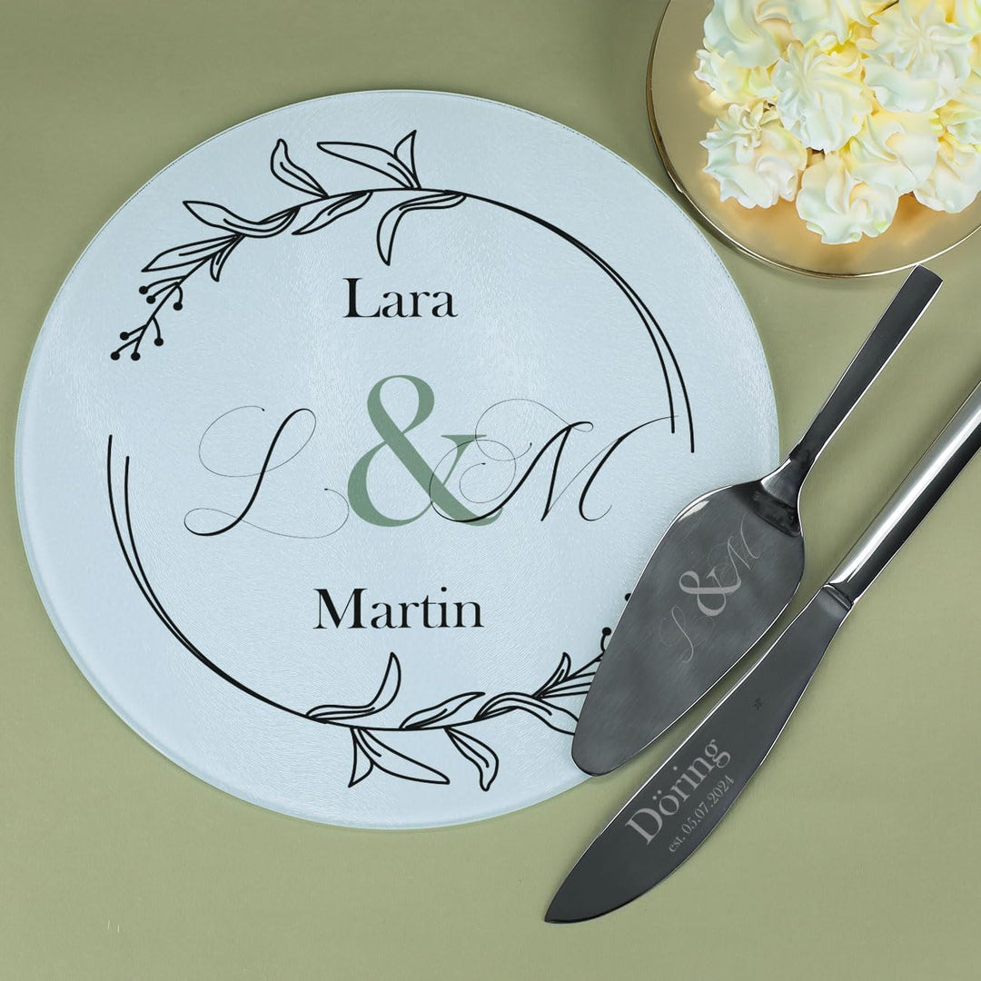 Herz & Heim® WMF Tortenbesteck zur Hochzeit mit passendem Tortenteller, personalisiert, Motivauswahl