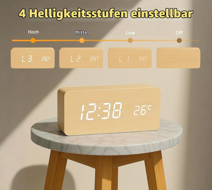 iTOMA Kleiner Holz-Wecker mit 3 Alarmen, manuellem Dimmer, 12-/24-Stunden-Format und weisser LED-Anz