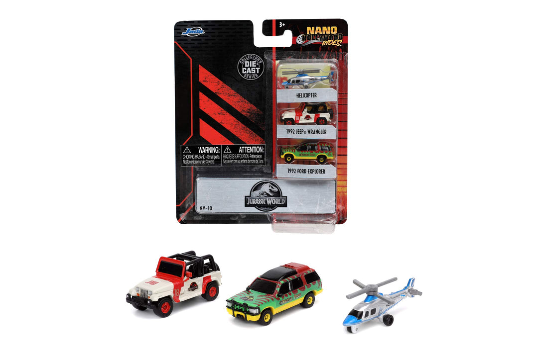 Jada Toys 253251012 Jurassic Park 3er Set A Nano Sammelautos, 1993 Ford Explorer, Jeep Wrangler 12,