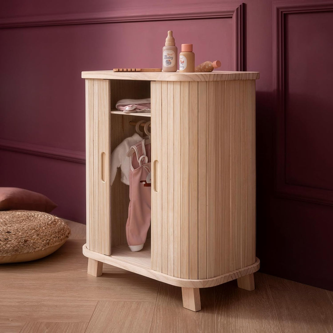 howa Puppenschrank Holz Grace - Puppenmöbel Kleiderschrank für Puppen mit Schiebetür, Kleiderstange,