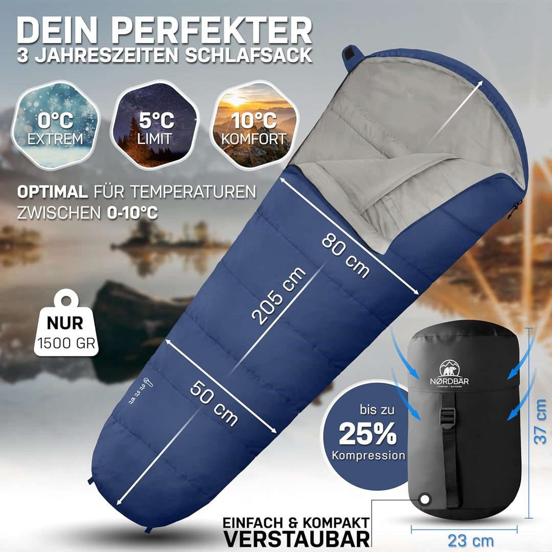 NORDBÄR® Schlafsack 3 Jahreszeiten & Sommer Ultraleicht [750g/1500g] | Camping Mumienschlafsack | kl