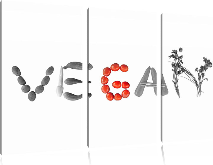 Schriftzug Vegan Gemüse schwarz/weiss 3-Teiler Leinwandbild 120x80 Bild auf Leinwand, XXL riesige Bi