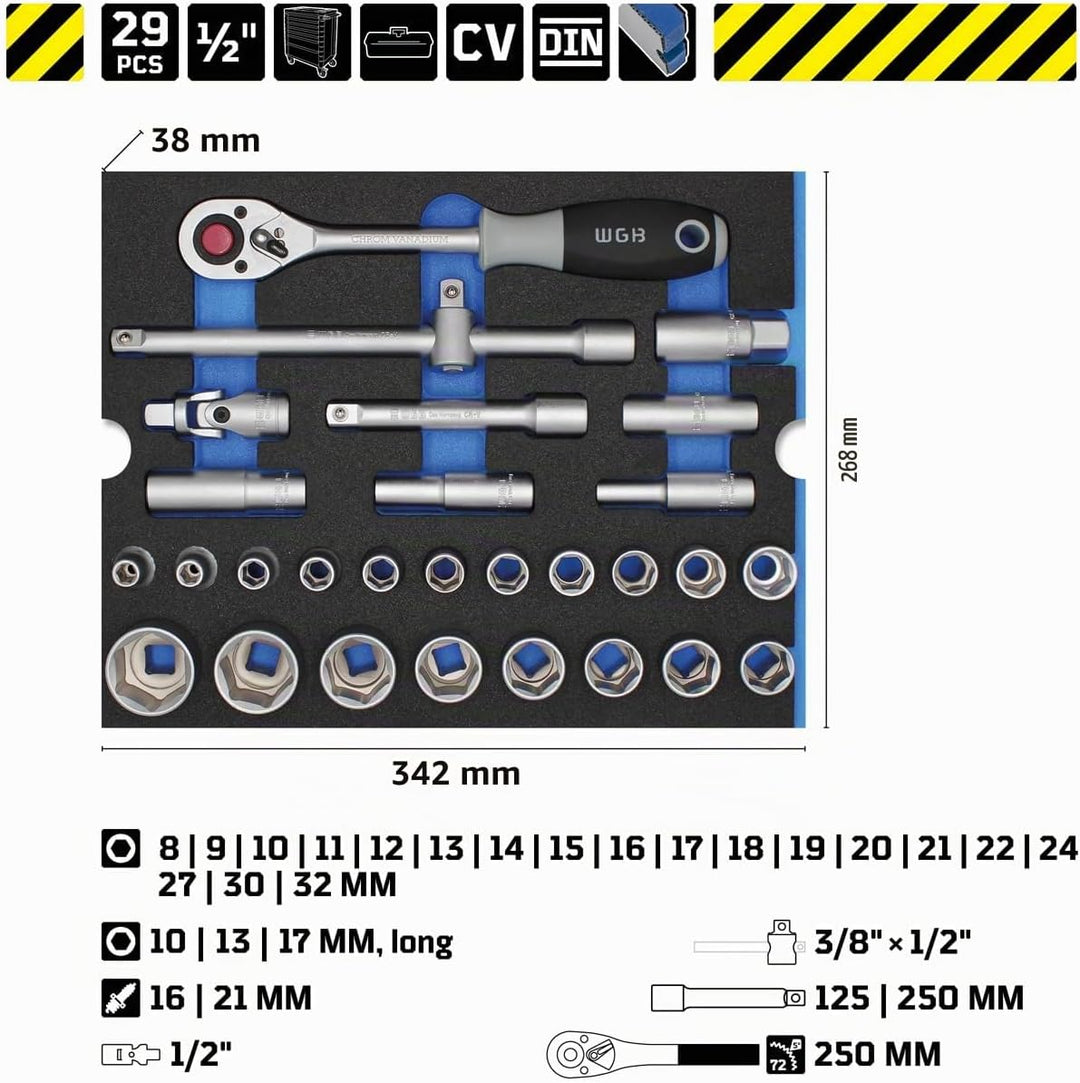 1/2" Steckschlüssel Set mit Ratsche und Sechskant Nuss Set 29 teilig | WGB Schaumstoffeinlage Werkze