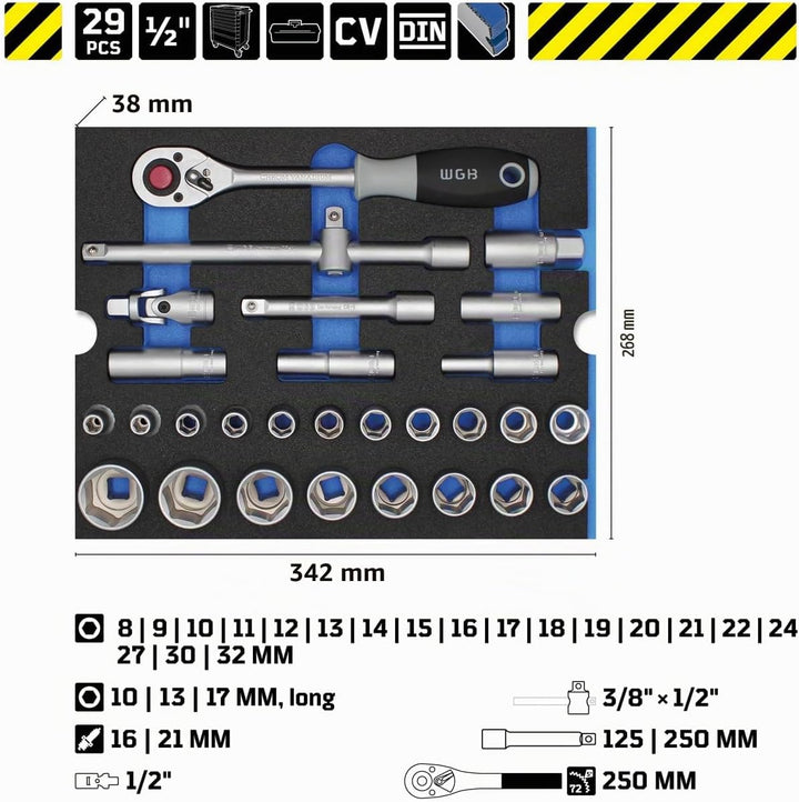 1/2" Steckschlüssel Set mit Ratsche und Sechskant Nuss Set 29 teilig | WGB Schaumstoffeinlage Werkze