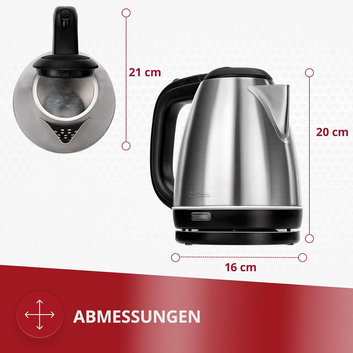 MPM MCZ-84M Elektrischer Wasserkocher, 1600 W, 1 Liter, 0 Dezibel, Edelstahl, silber, 1L Rostfreier