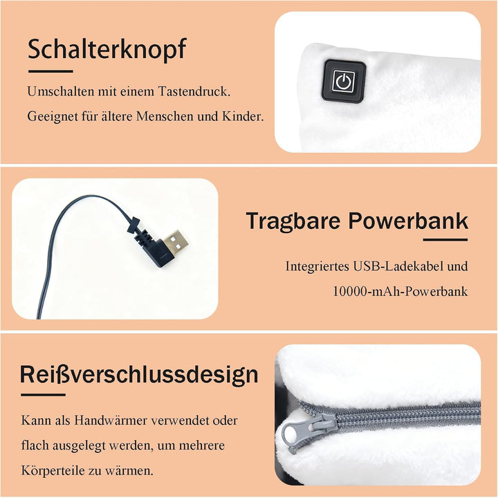 Handwärmer Elektrisch, Beheizbare Handschuhe mit 10000mAh Akku, Taschenwärmer wiederverwendbar 3 Hei